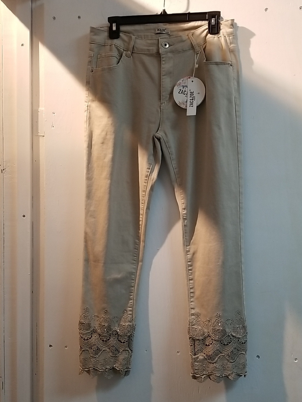 Zac & Zoe Khaki Skinny Jeans with Lace Hem